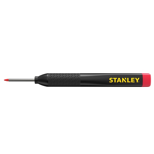 Photo of STANLEY STHT47005 center punch with black textured handle, yellow logo, and red tip on white background, side view.