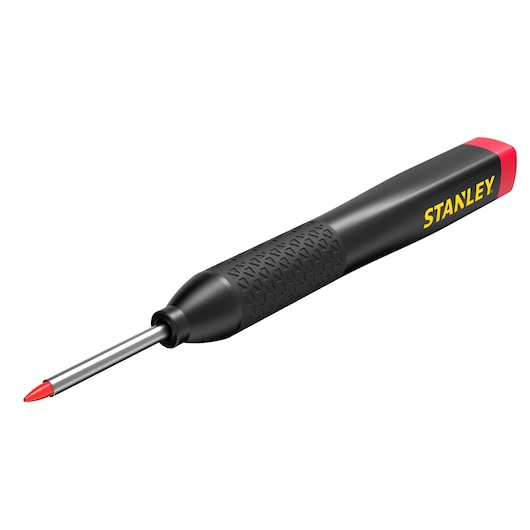 STANLEY STHT47005 black and red automatic center punch, textured grip, angled on white background.