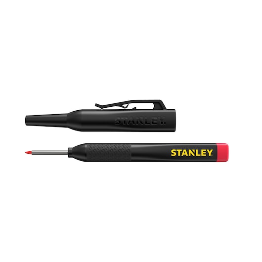 Photo of STANLEY STHT47005 black and red marking pen with textured grip and clip, shown uncapped, side angle.