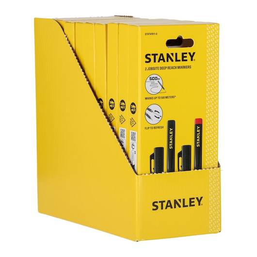 Stanley jobsite deep reach markers in a yellow retail display box, showing multiple packaged sets on shelves.