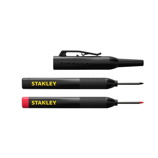 STANLEY STHT47011 black and red fine tip markers set, side view on white background.