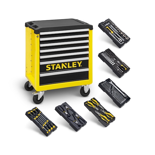 STANLEY STHT6-80827 yellow and black rolling tool cabinet with multiple hand tool trays, front angle on white background.