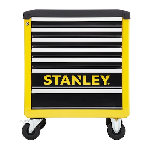 STANLEY STHT6-80827 tool chest cabinet with six drawers, yellow and black finish, front angle on white background.