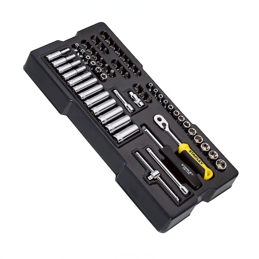 STANLEY STHT6-80827 socket and ratchet set in black tray, top angle, various chrome sockets and accessories.