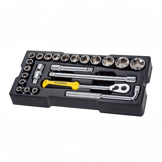 STANLEY STHT6-80827 socket set tray photo, showing assorted sockets and ratchet on white background.