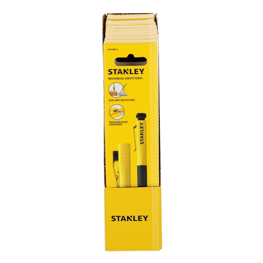 A yellow box containing Stanley mechanical jobsite pencils, displayed upright. The packaging features branding, highlights dual writing options and precision point sharpener.