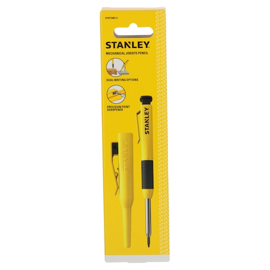 STANLEY mechanical jobsite pencil set in yellow retail packaging, featuring a pencil and sharpener with dual writing options and precision point sharpener.