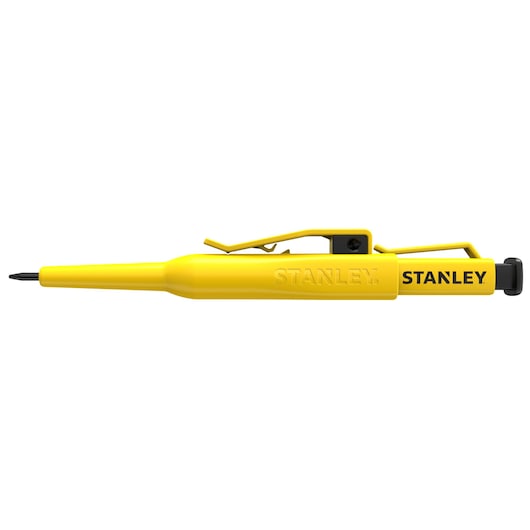 Stanley STHT72001 yellow marking pen, side view, with pocket clip and black tip on white background.