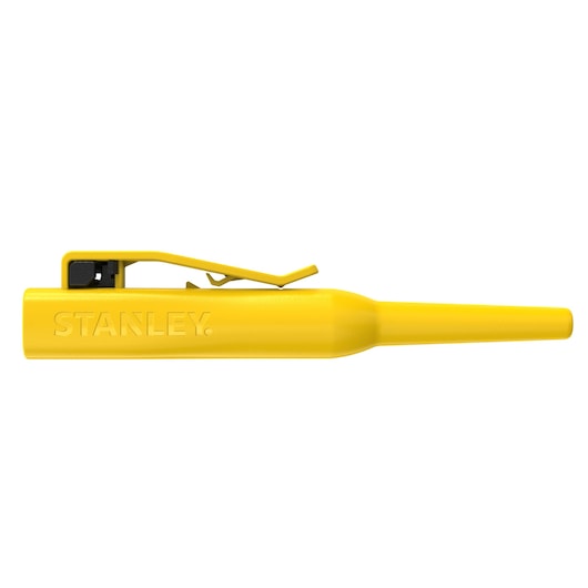 Photo of STANLEY STHT72001 insulated yellow test lead clip, side angle on white background.