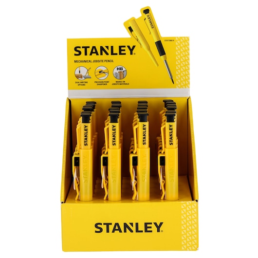 Display box of Stanley mechanical jobsite pencils in yellow, each with a black clip and branding. The box highlights dual writing options, precision point sharpener, and that the pencils make marks on jobsite materials.