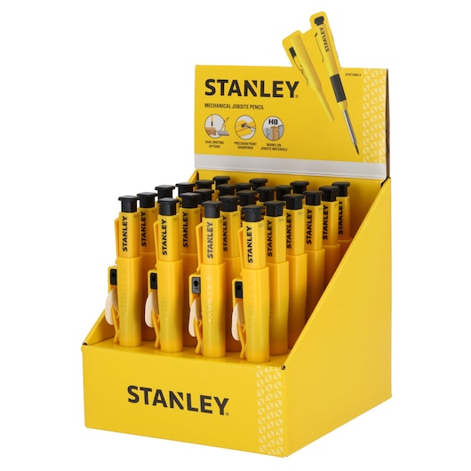 Display box containing multiple yellow STANLEY mechanical jobsite pencils, each with a black tip and clip. The display features the STANLEY logo and illustrations describing the pencil's features, such as dual writing options and precision point sharpener.