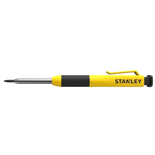 STANLEY STHT72002 yellow and black precision screwdriver with pocket clip, side view, white background.