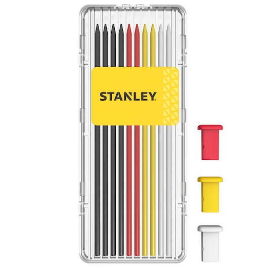 Stanley pencil refill set in clear case with red, yellow, and white pencil caps displayed.