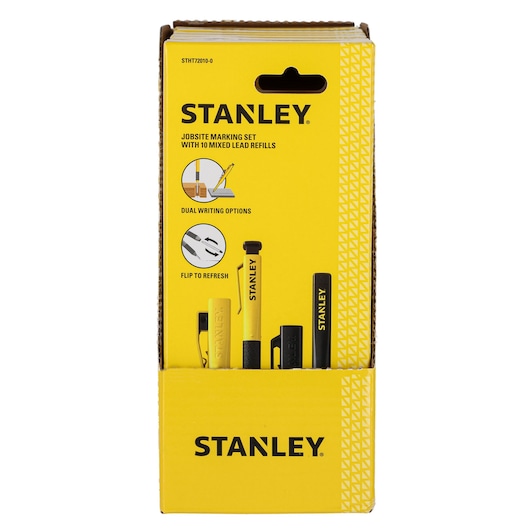 Stanley jobsite marking set in yellow box with 10 mixed lead refills for dual writing options.