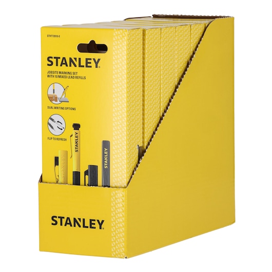 Stanley jobsite marking set with refills, displayed in a yellow retail box. Packaging highlights writing options.