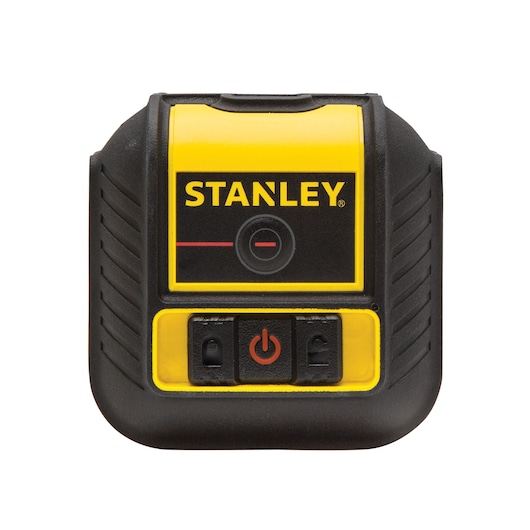 Photo of STANLEY STHT77502-1 compact laser level, black and yellow, front view, showing power and lock buttons.