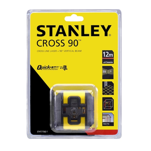 Stanley STHT77502-1 Cross 90 laser level in retail packaging, front view, yellow and black design.