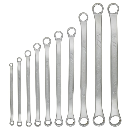 STANLEY STMT1-74177 ring spanner set, 10 silver wrenches, product photography, front white background.