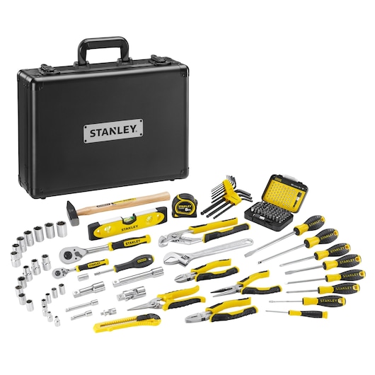 STANLEY STMT72986-1 tool set with black case, screwdrivers, sockets, pliers, and accessories, front angle.