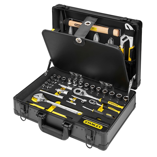 STANLEY STMT72986-1 tool set in black hard case, open to show assorted hand tools, sockets, and accessories, front angle.