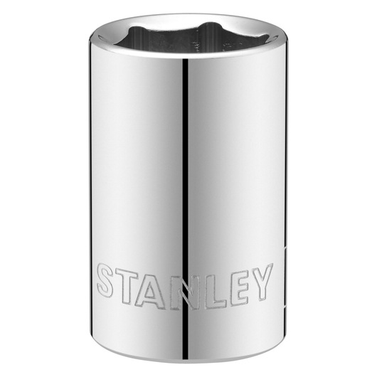 Photo of STANLEY STMT86517-0 chrome socket, cylindrical design, engraved brand, front angle, tool accessory.