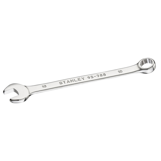 Photo of STANLEY STMT95788-0 combination wrench, chrome finish, size 10mm, product photography, angled view.