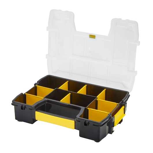 STANLEY STST1-70720 organizer box with yellow handle and compartments, open lid, front angle.