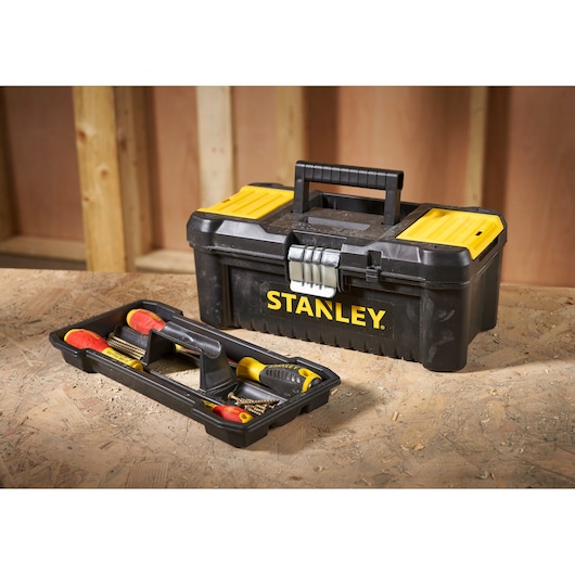STANLEY STST1-75515 tool box with yellow lids and tray with screwdrivers, studio angle.