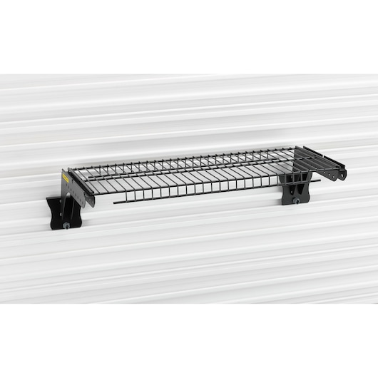 STANLEY STST82612-1 black metal wall-mounted wire shelf, side angle, on white background.