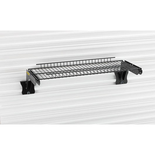 STANLEY STST82612-1 black wall-mounted wire shelf, side angle on white background.