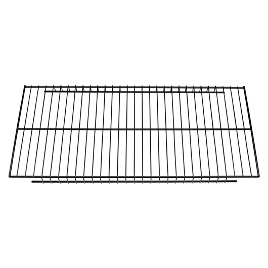 Black metal wire shelf with rectangular shape and parallel bars for storage or organization.