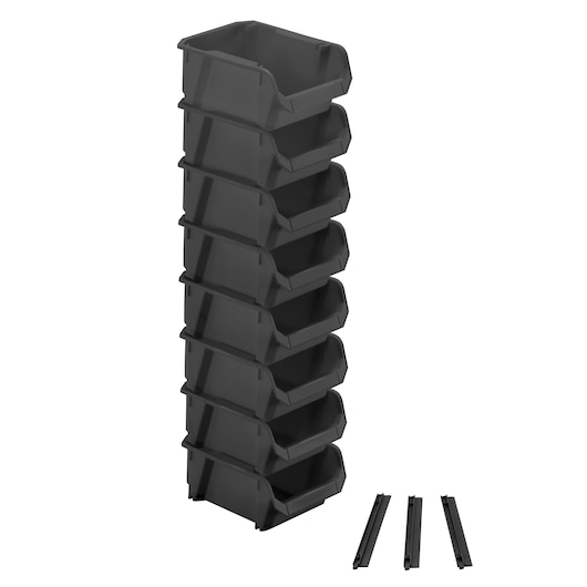 STANLEY STST82733-1 stackable black storage bins with open front, shown with three black mounting rails, front angle.