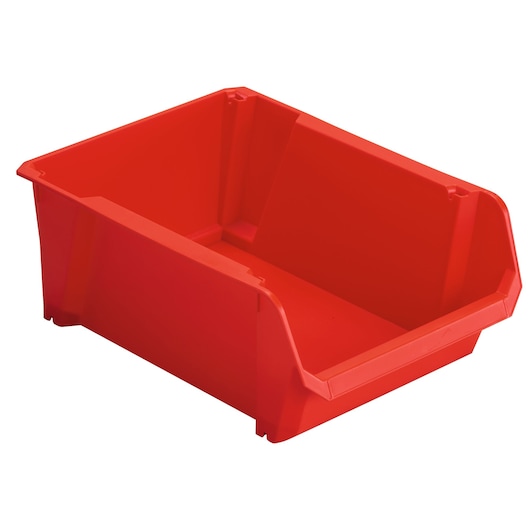 STANLEY STST82742-1 red stackable storage bin side angle, durable plastic organizer.