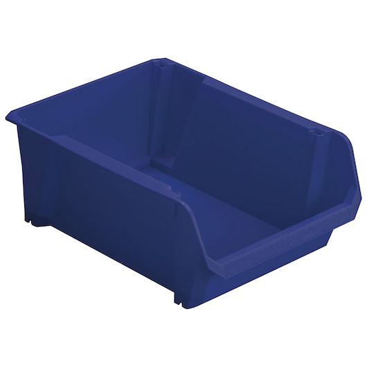 STANLEY STST82746-1 blue plastic storage bin, angled front view, for organizing small parts.