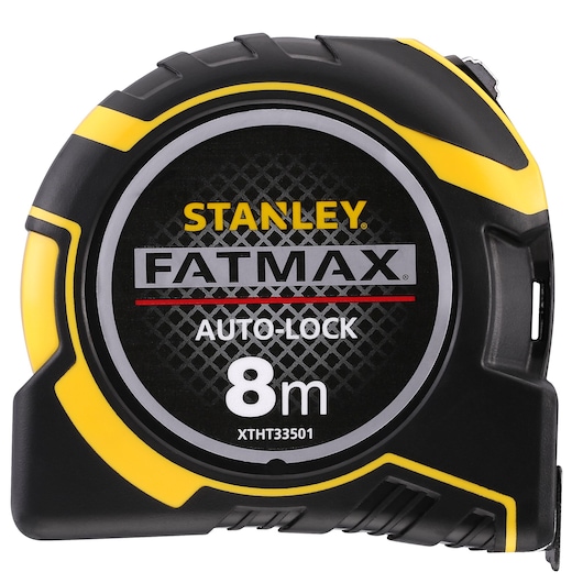Stanley FatMax auto-lock measuring tape, 8 meter length, black and yellow casing.
